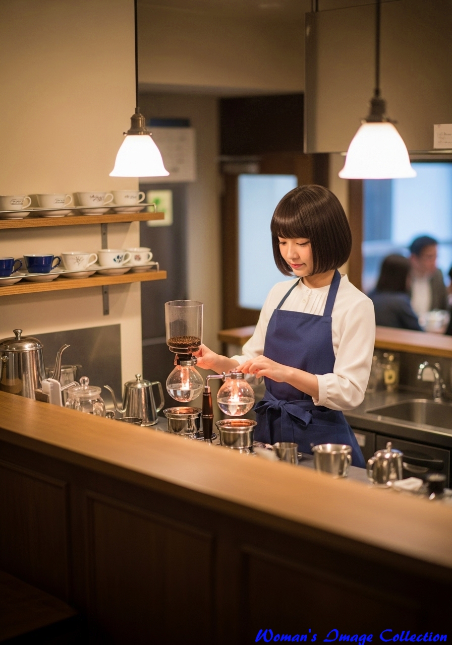 朝のカフェでコーヒーを淹れている女性、imagefxで作った生成AI画像