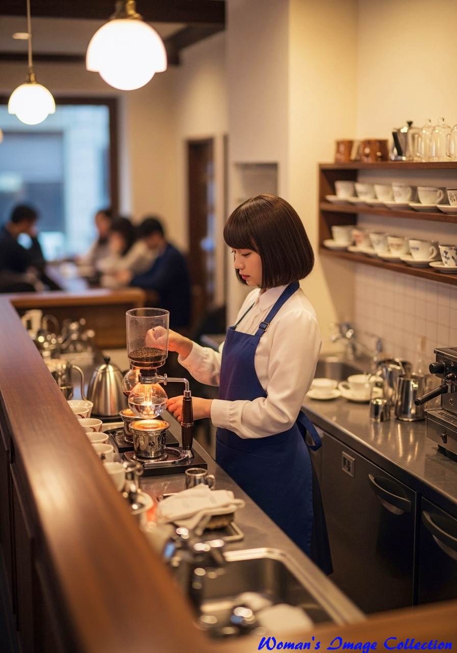朝のカフェでコーヒーを淹れている女性、imagefxで作った生成AI画像