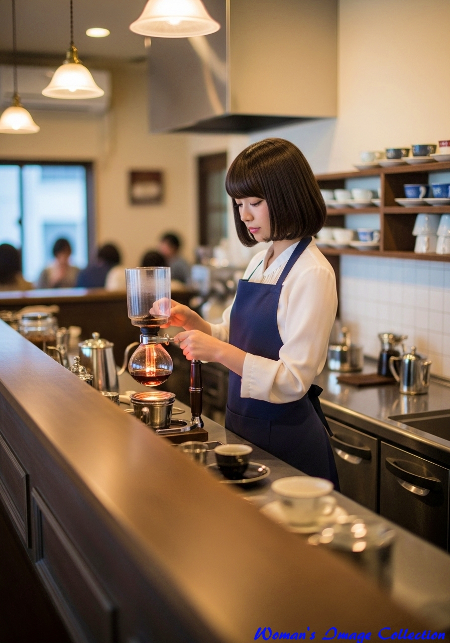 朝のカフェでコーヒーを淹れている女性、imagefxで作った生成AI画像