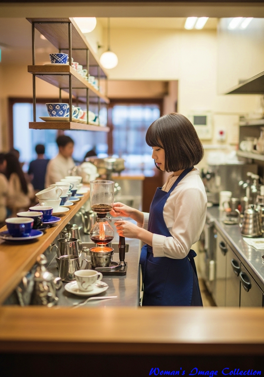 朝のカフェでコーヒーを淹れている女性、imagefxで作った生成AI画像
