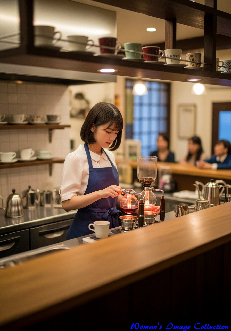 朝のカフェでコーヒーを淹れている女性、imagefxで作った生成AI画像