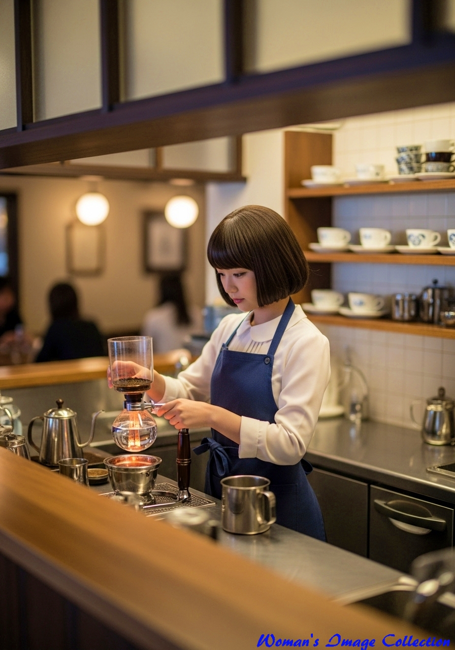 朝のカフェでコーヒーを淹れている女性、imagefxで作った生成AI画像