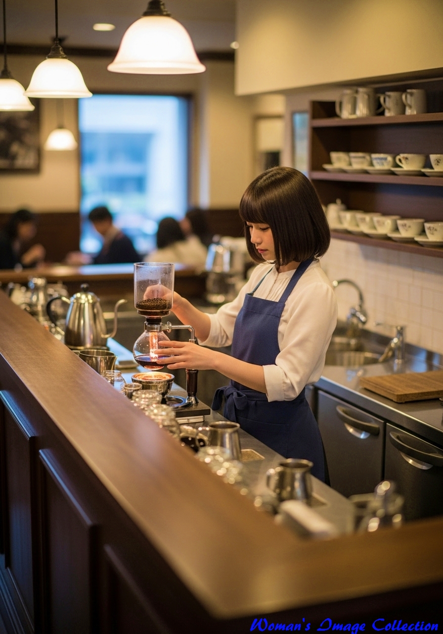 朝のカフェでコーヒーを淹れている女性、imagefxで作った生成AI画像