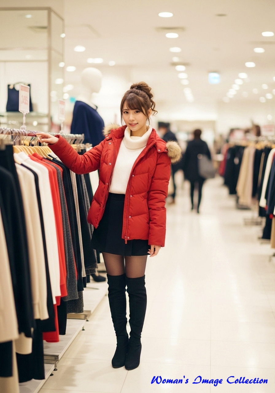女性の服装は赤い冬用のジャケット、白のタートルネックのセーター、ミニスカート、黒のストッキング、ロングブーツといった出で立ち。髪型をハーフアップ
