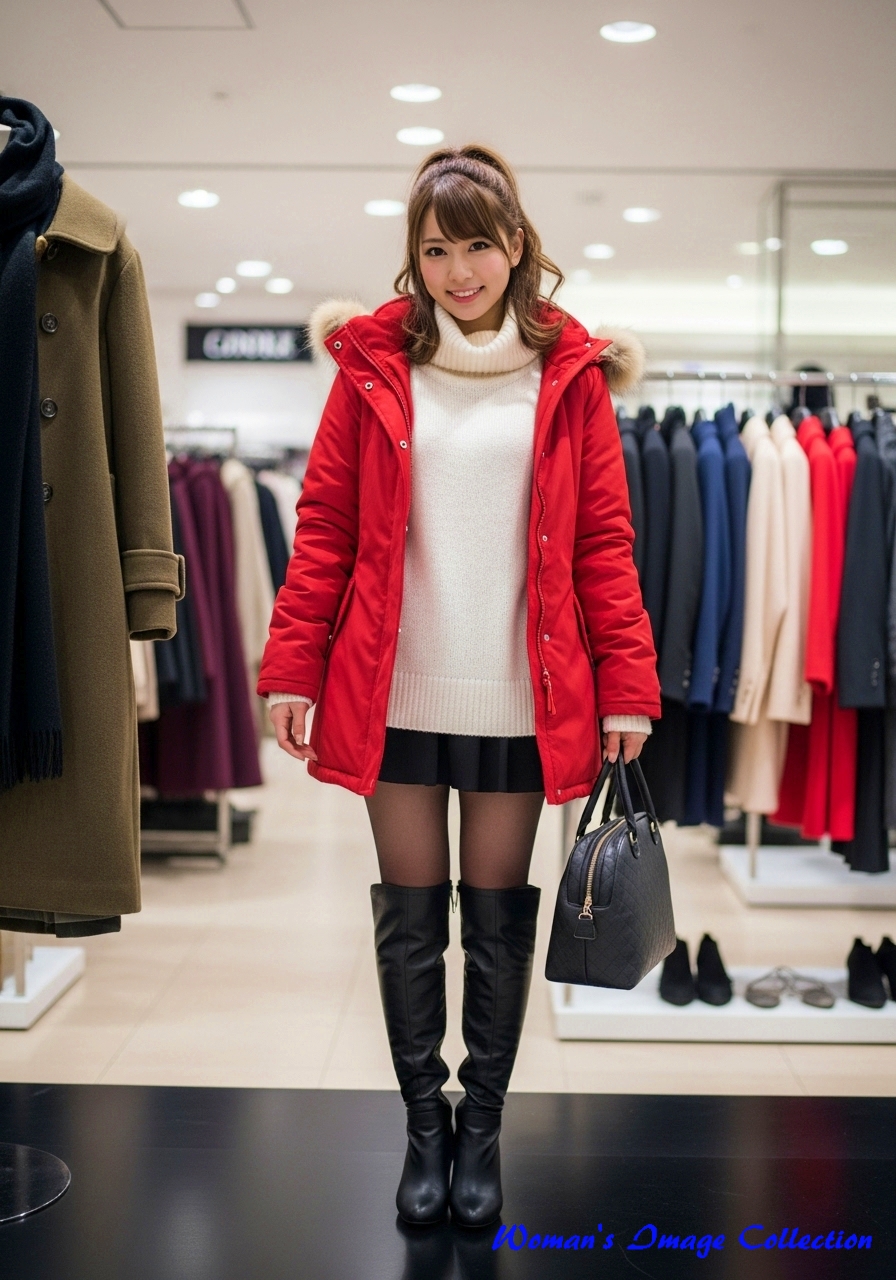 女性の服装は赤い冬用のジャケット、白のタートルネックのセーター、ミニスカート、黒のストッキング、ロングブーツといった出で立ち。髪型をハーフアップ
