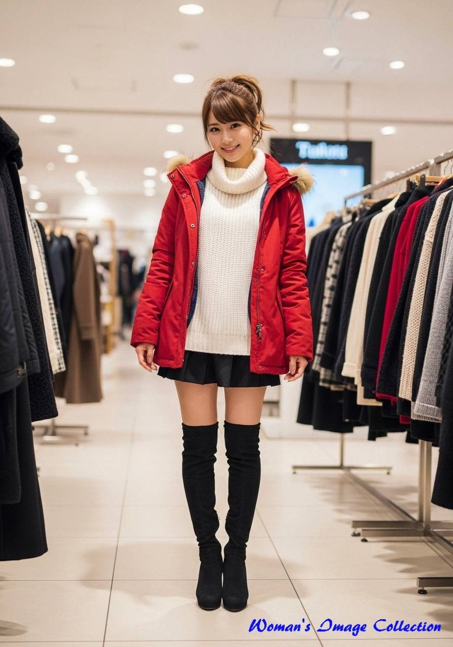 女性の服装は赤い冬用のジャケット、白のタートルネックのセーター、ミニスカート、黒のストッキング、ロングブーツといった出で立ち。髪型をハーフアップ