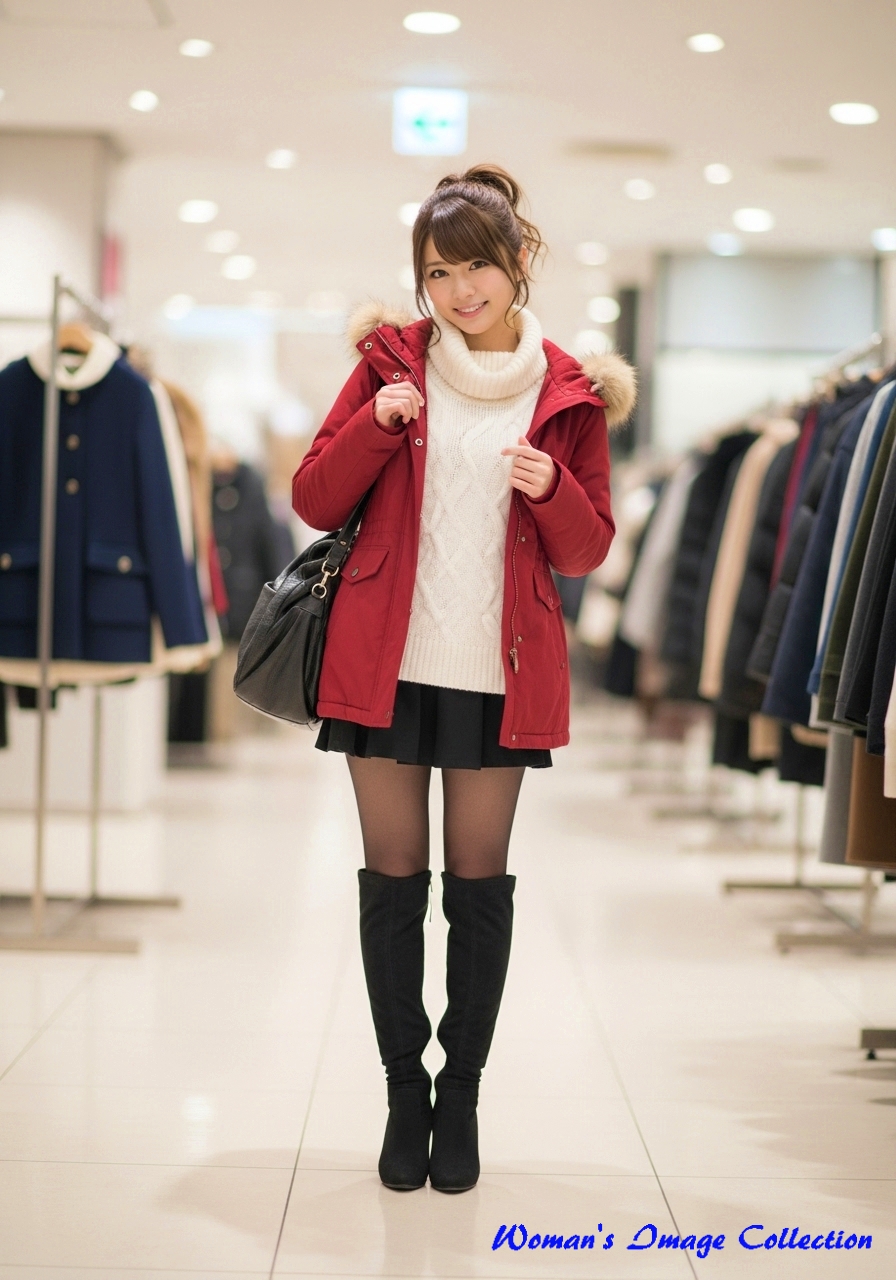 女性の服装は赤い冬用のジャケット、白のタートルネックのセーター、ミニスカート、黒のストッキング、ロングブーツといった出で立ち。髪型をハーフアップ