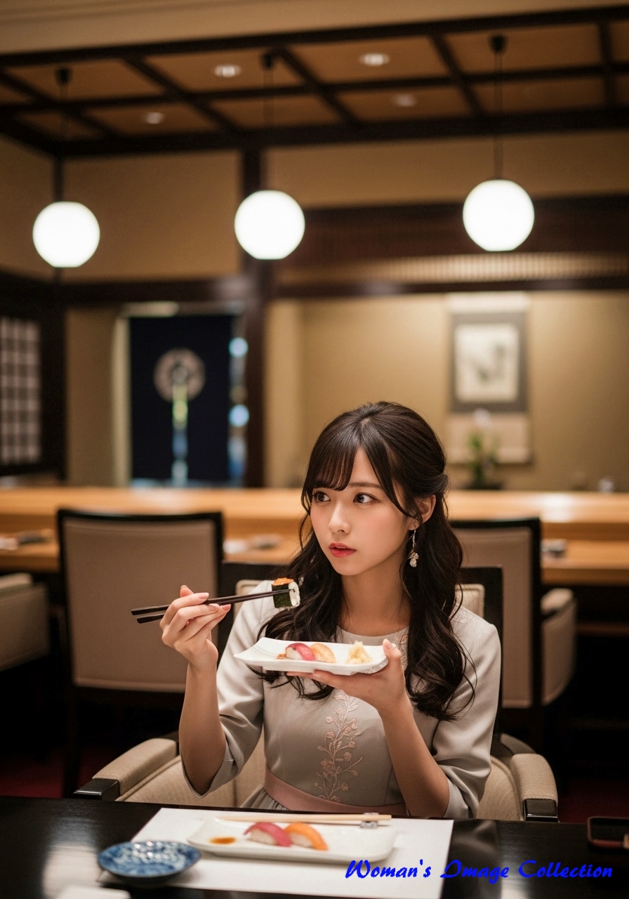 寿司を食べている女性