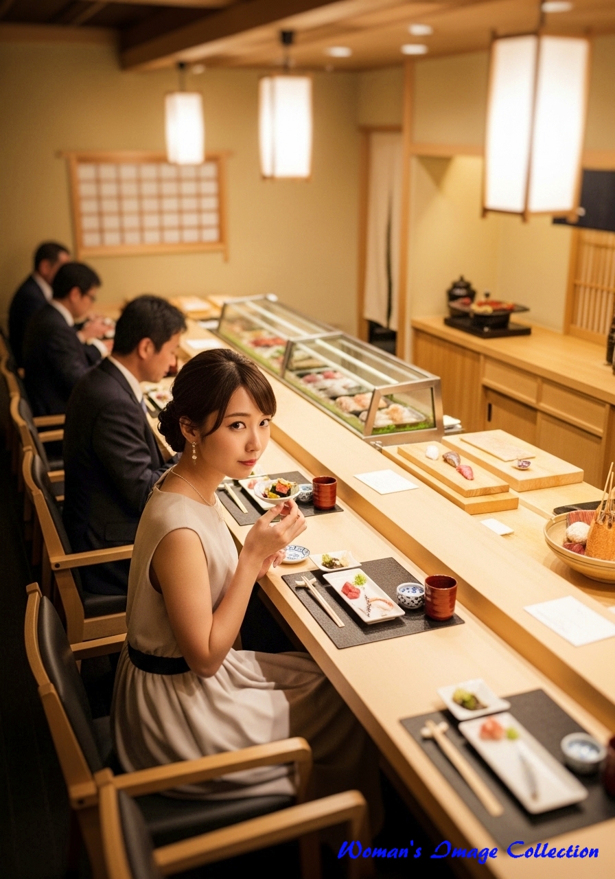 寿司を食べている女性