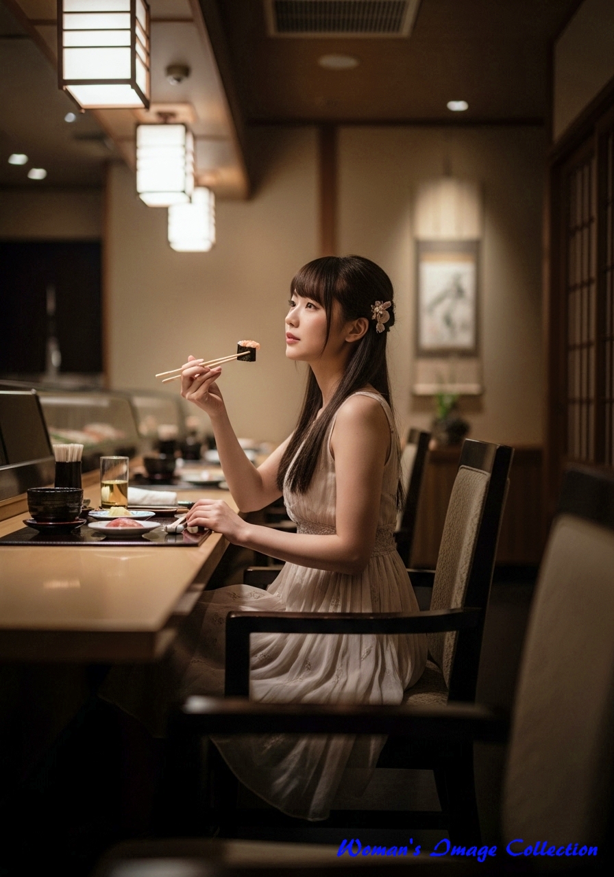 寿司を食べている女性