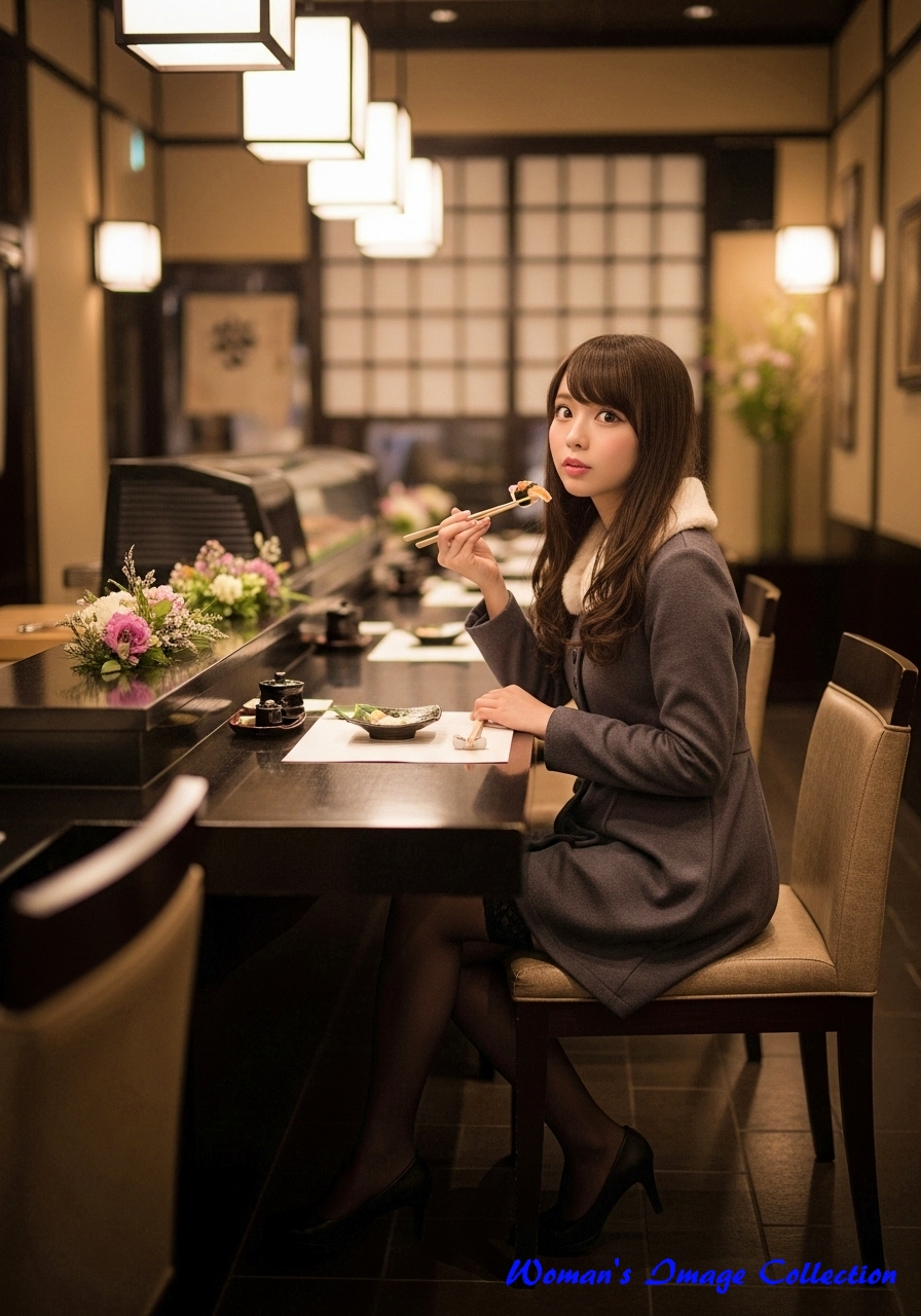 寿司を食べている女性