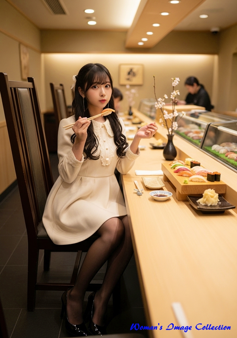 寿司を食べている女性