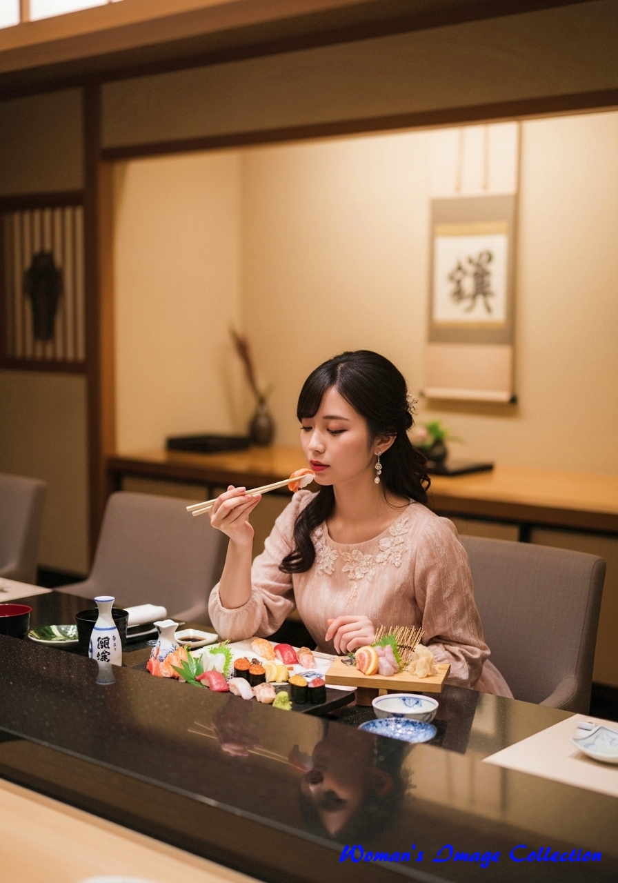 寿司を食べている女性