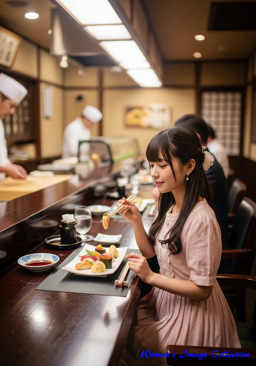 寿司を食べている女性