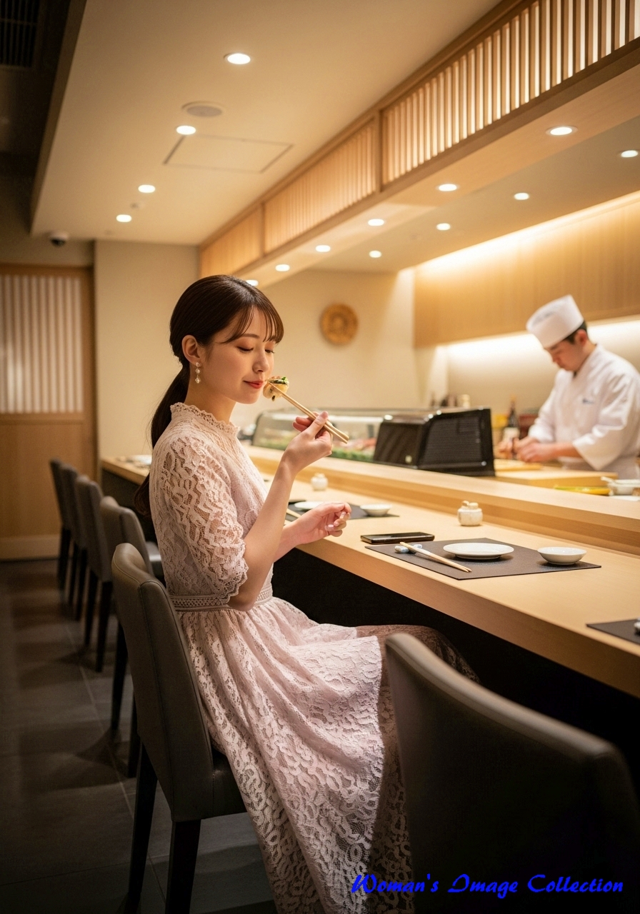 寿司を食べている女性