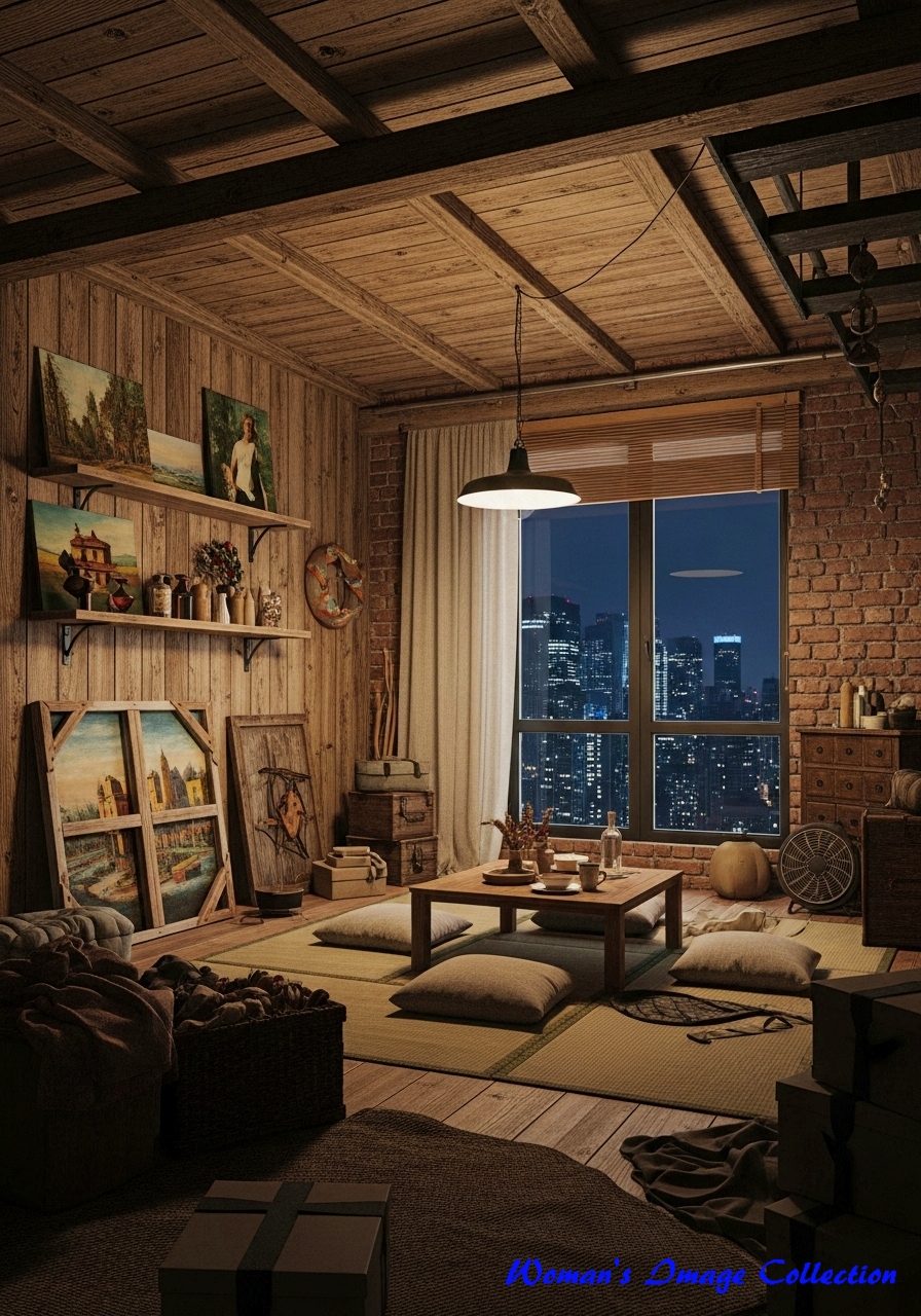 高層マンションの一室。露出した梁とレンガの夜景が見える部屋のプロンプト