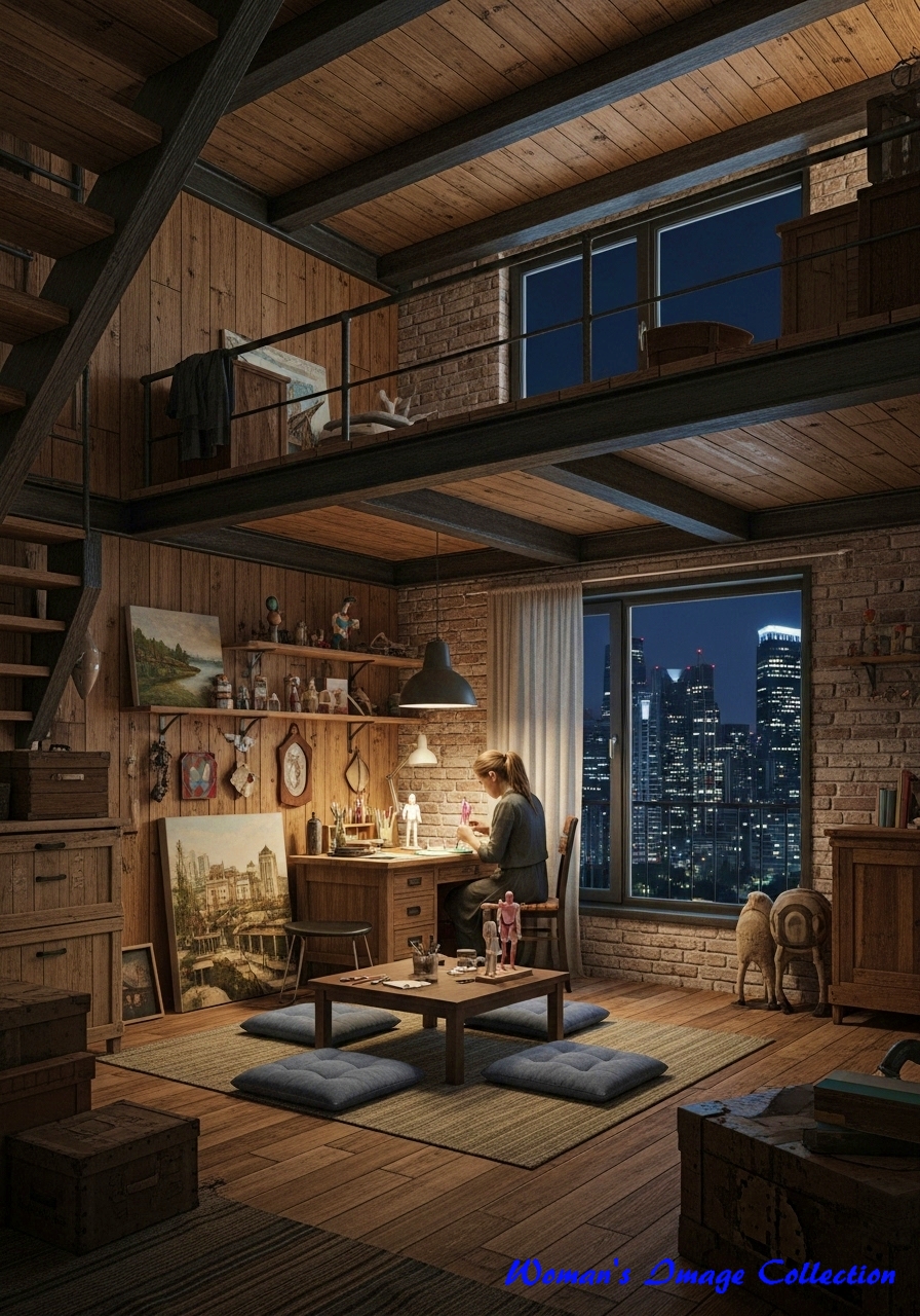 高層マンションの一室。露出した梁とレンガの夜景が見える部屋のプロンプト