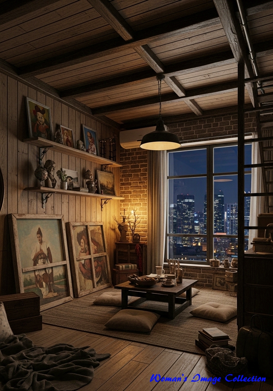 高層マンションの一室。露出した梁とレンガの夜景が見える部屋のプロンプト