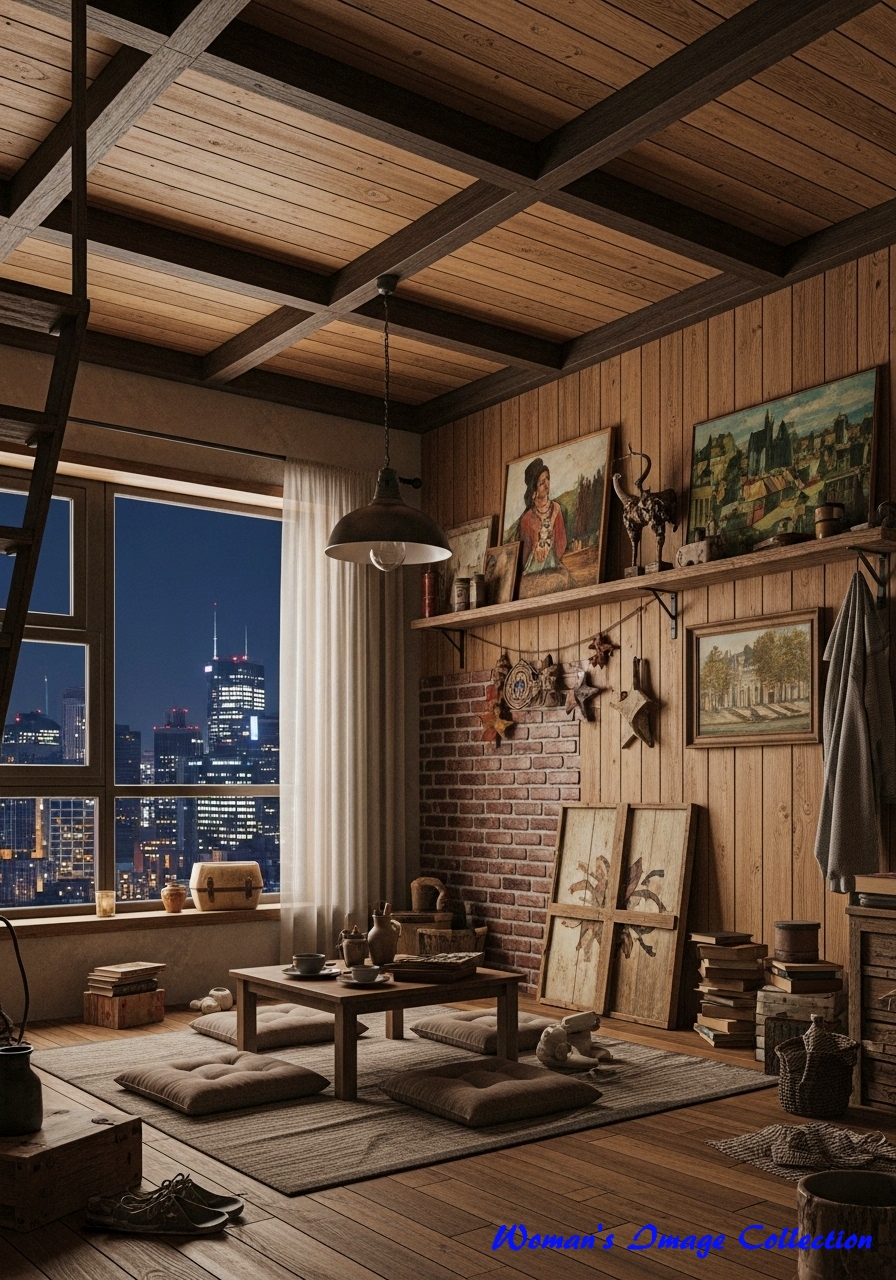 高層マンションの一室。露出した梁とレンガの夜景が見える部屋のプロンプト