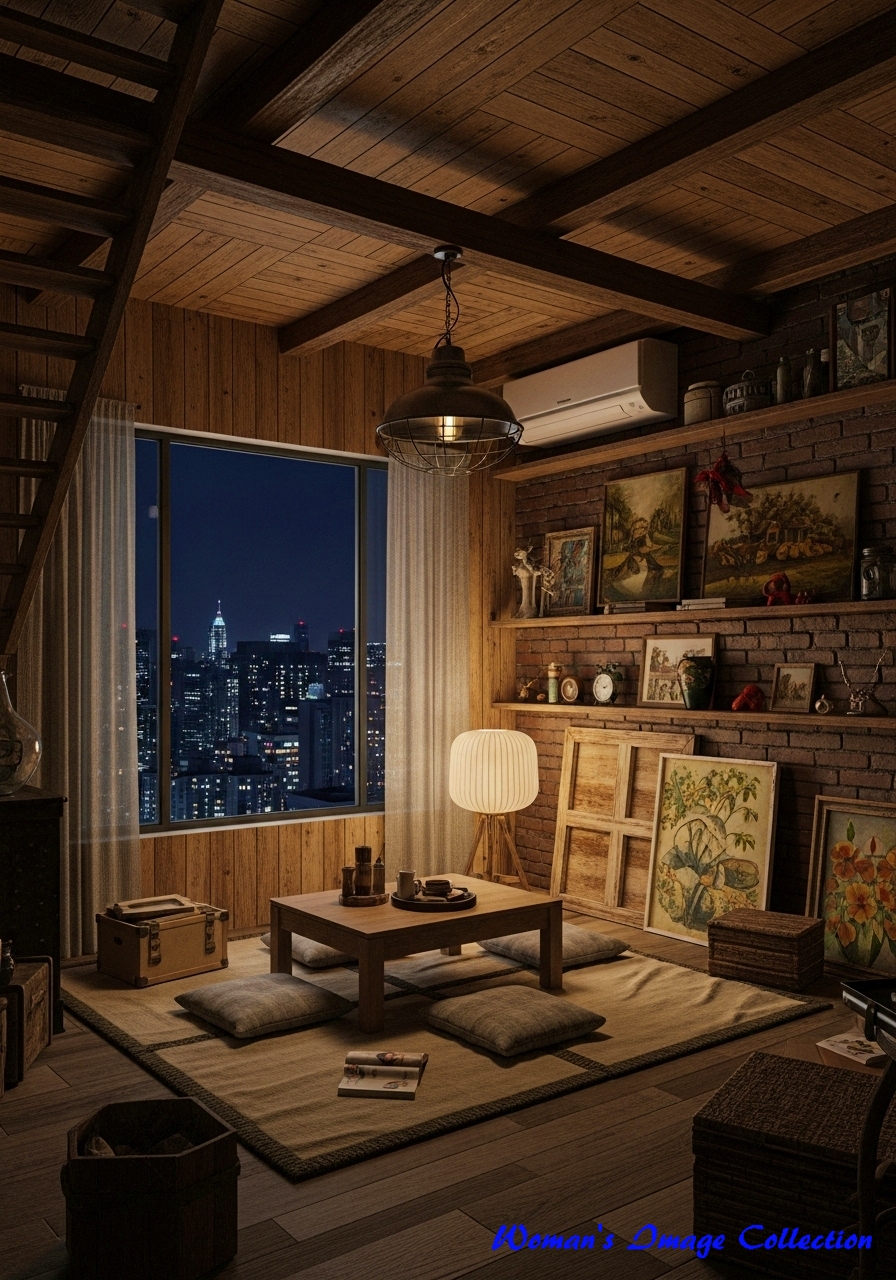 高層マンションの一室。露出した梁とレンガの夜景が見える部屋のプロンプト