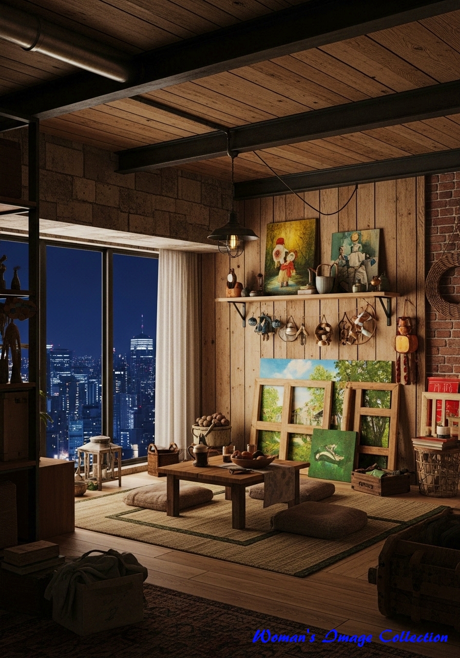 高層マンションの一室。露出した梁とレンガの夜景が見える部屋のプロンプト