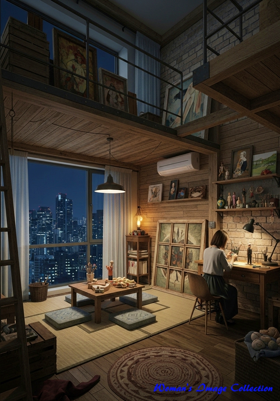 高層マンションの一室。露出した梁とレンガの夜景が見える部屋のプロンプト