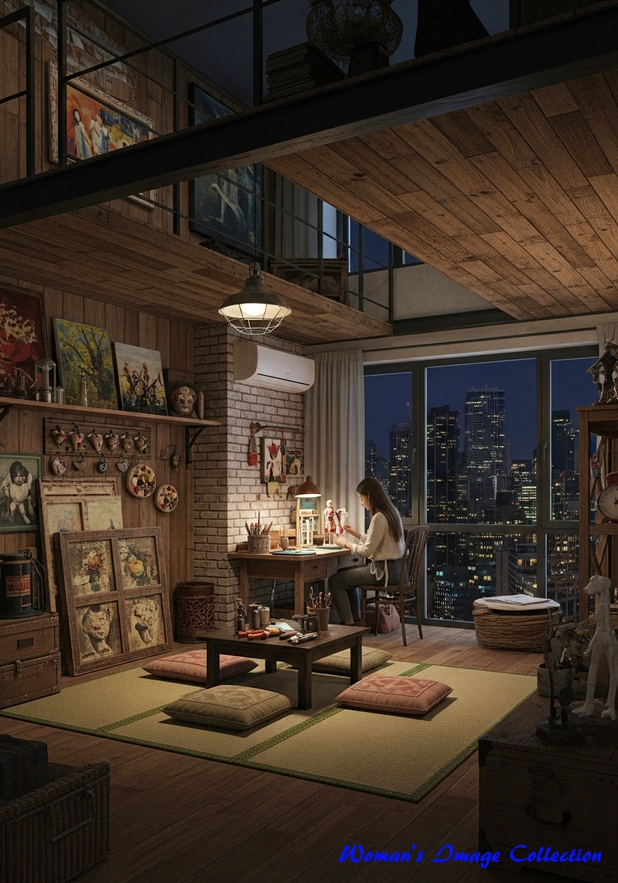 高層マンションの一室。露出した梁とレンガの夜景が見える部屋のプロンプト