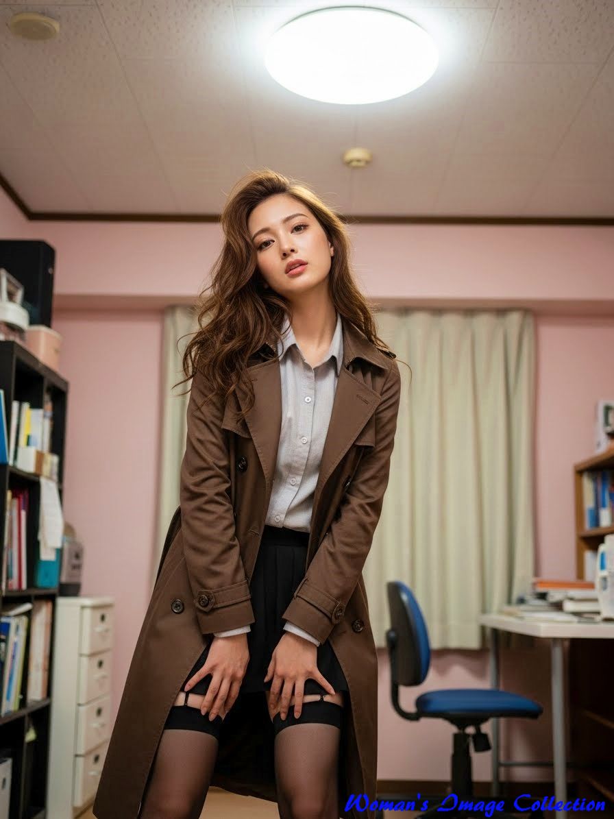 日本の一般家庭の部屋で、茶色のトレンチコートを着て体を少しひねる女性の全身写真1