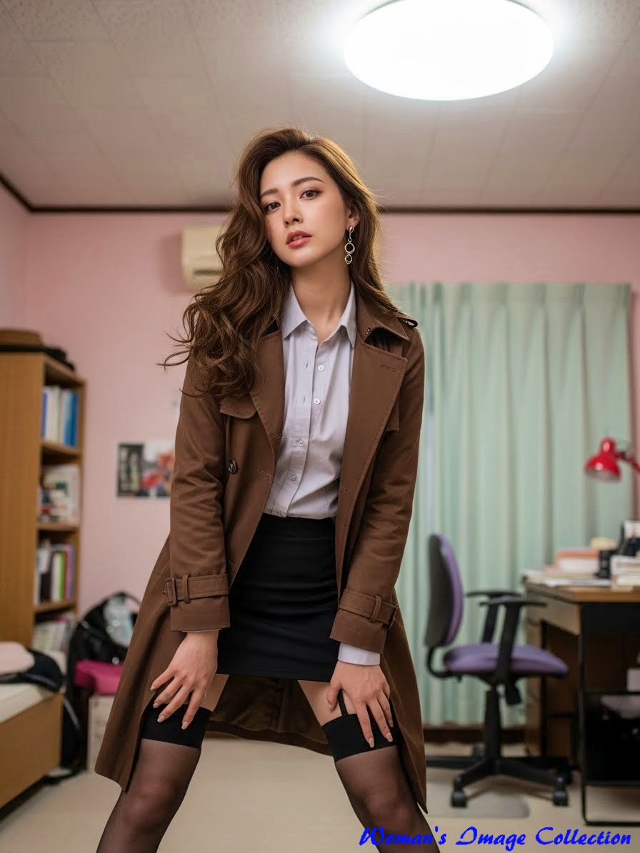 蛍光灯に照らされた室内で、長い茶髪にウェーブをかけた女性がこちらを見ている様子6