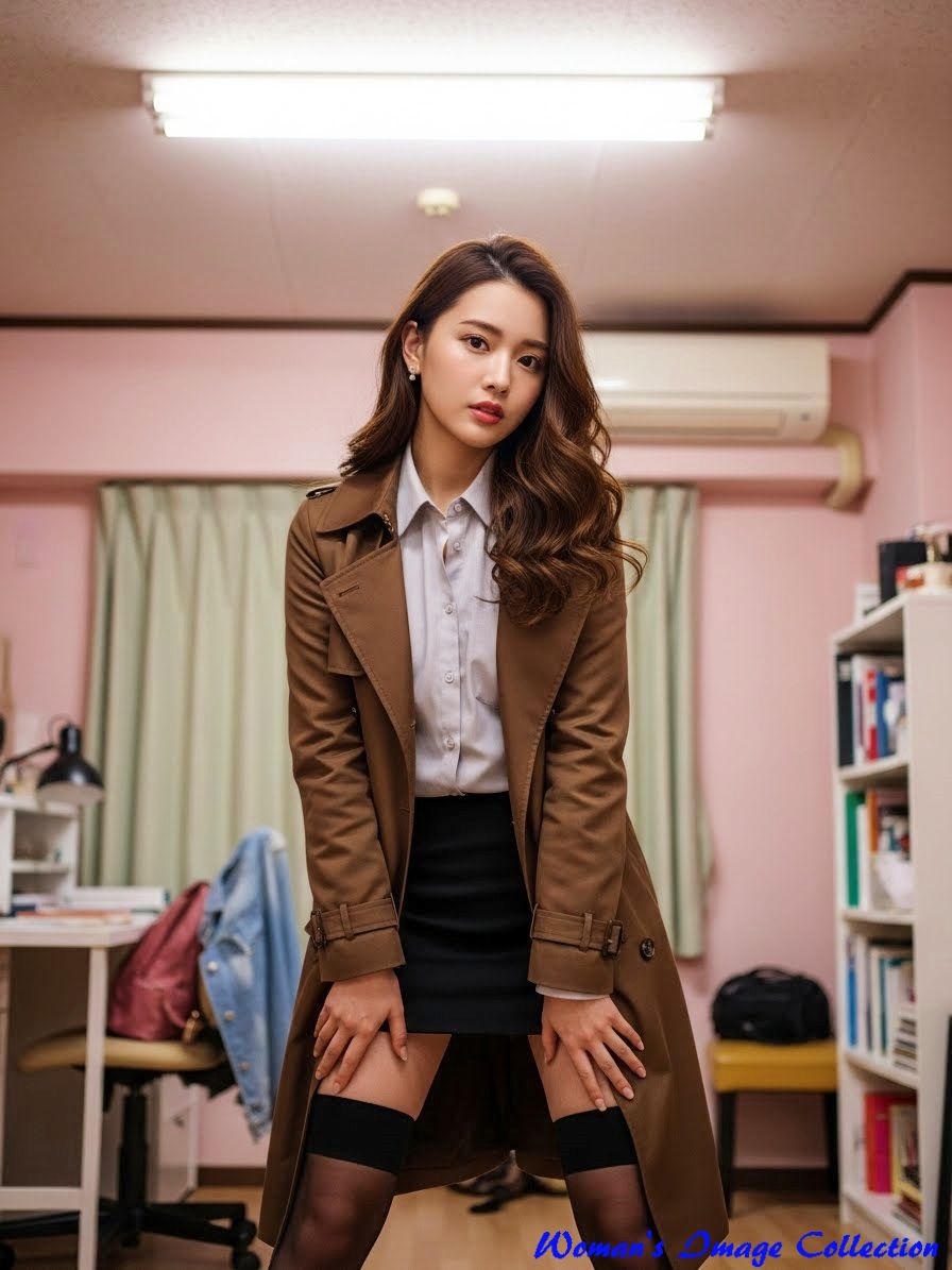 日本の一般家庭の部屋で、茶色のトレンチコートを着て体を少しひねる女性の全身写真2