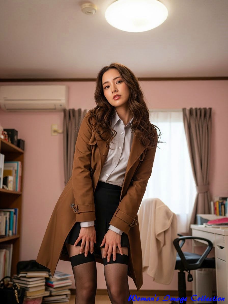 日本の一般家庭の部屋で、茶色のトレンチコートを着て体を少しひねる女性の全身写真4