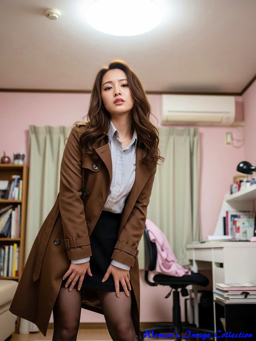 日本の一般家庭の部屋で、茶色のトレンチコートを着て体を少しひねる女性の全身写真5