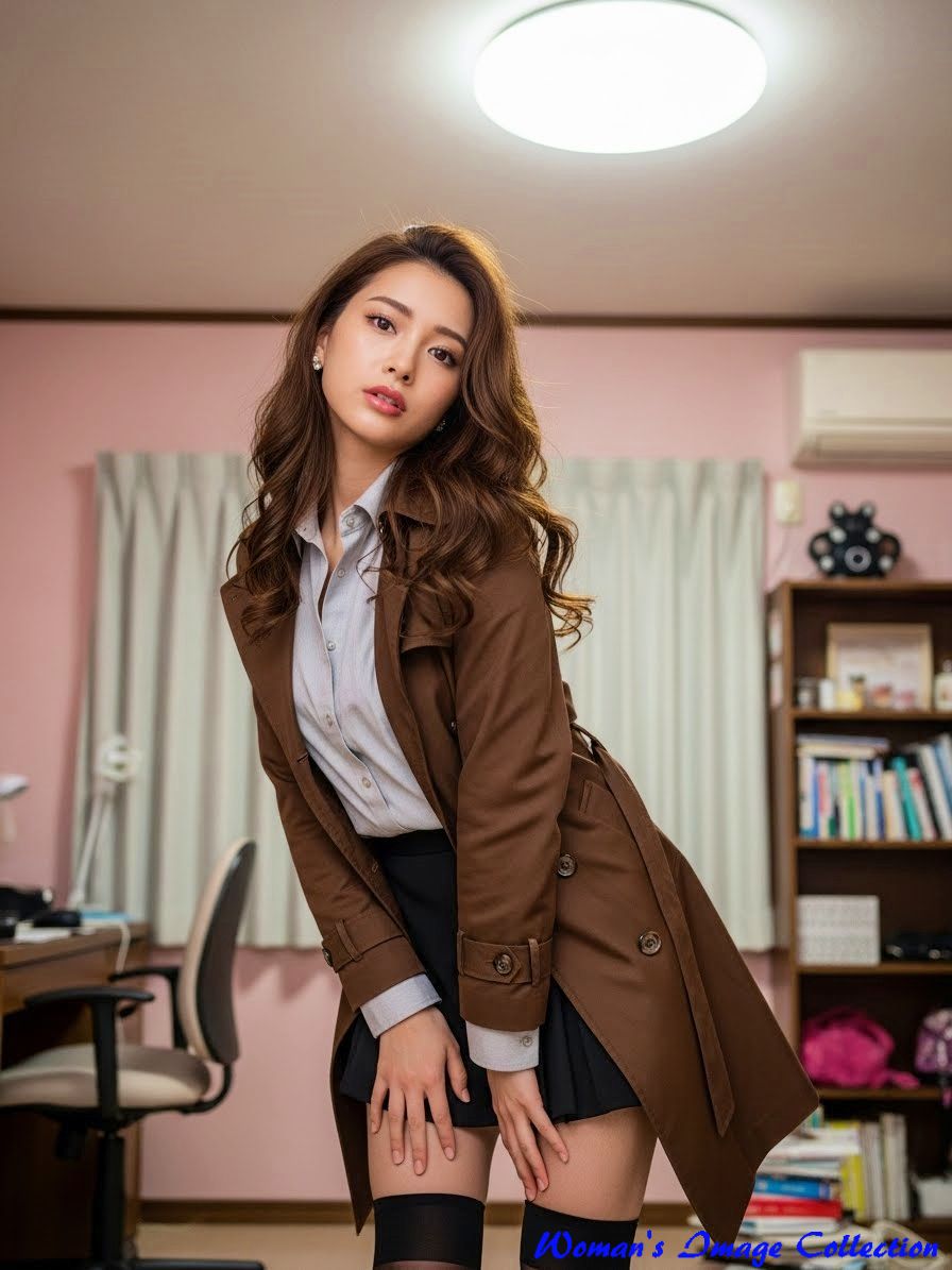 ピンクの壁の部屋で茶色のトレンチコートを着て立つ20代の日本人女性、実写スタイル、ImageFX使用
