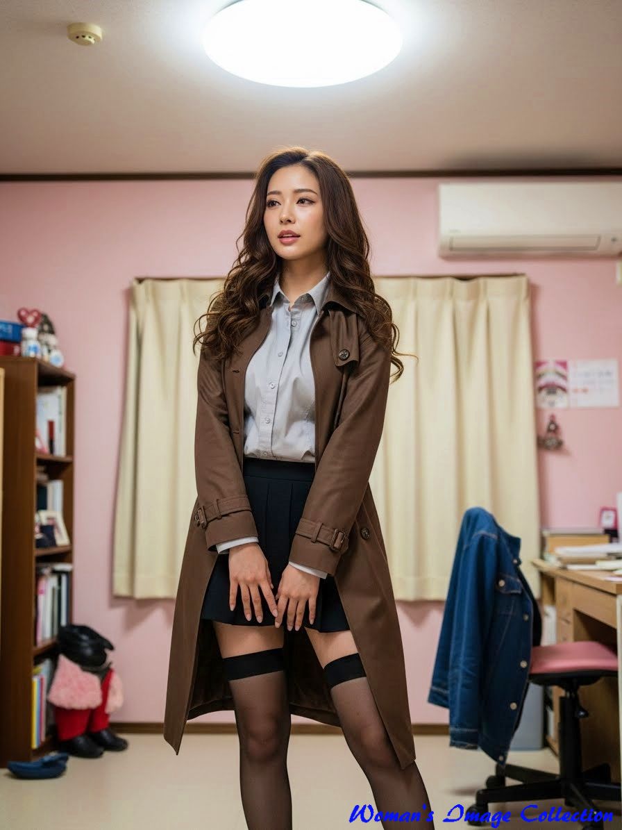 蛍光灯に照らされた室内で、長い茶髪にウェーブをかけた女性がこちらを見ている様子2