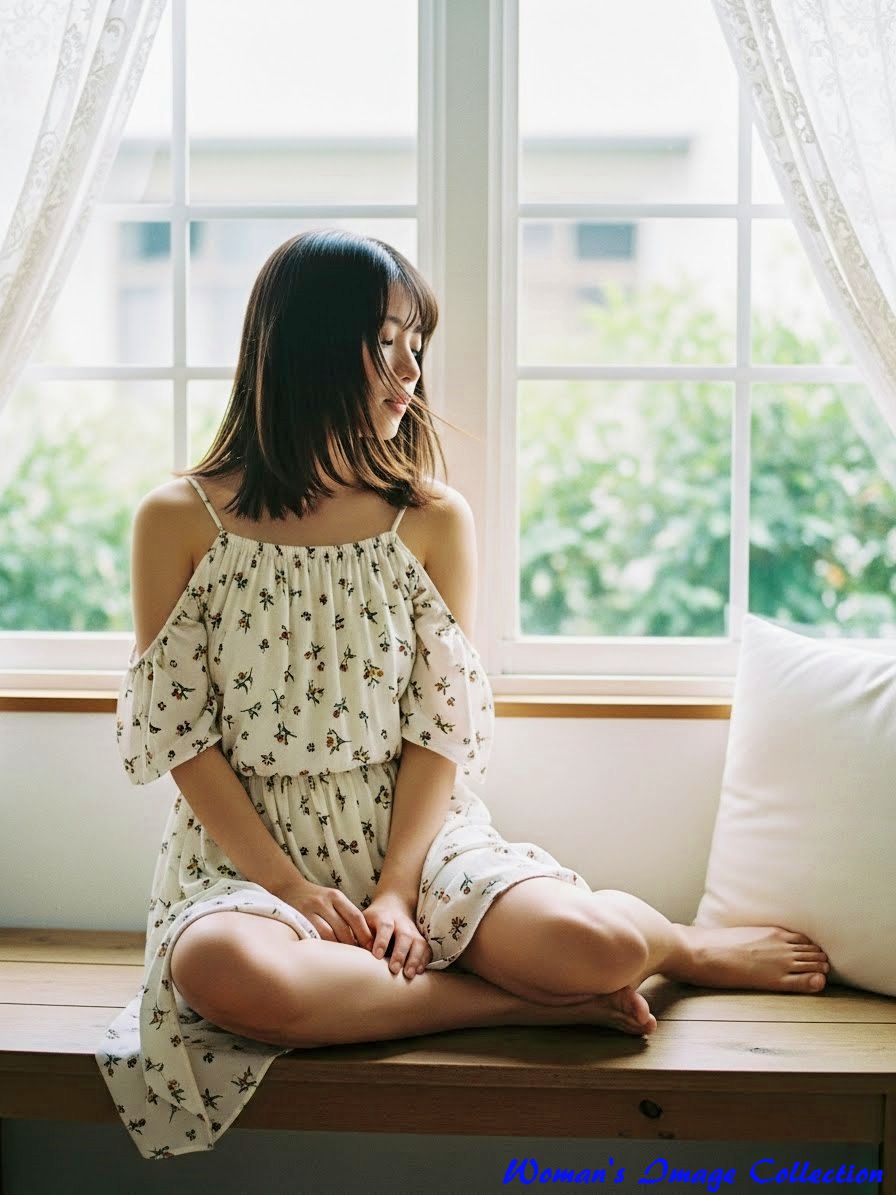 窓際で裸足でくつろぐ花柄ドレスの女性、光の当たり方や視線の角度が異なるバリエーション。11