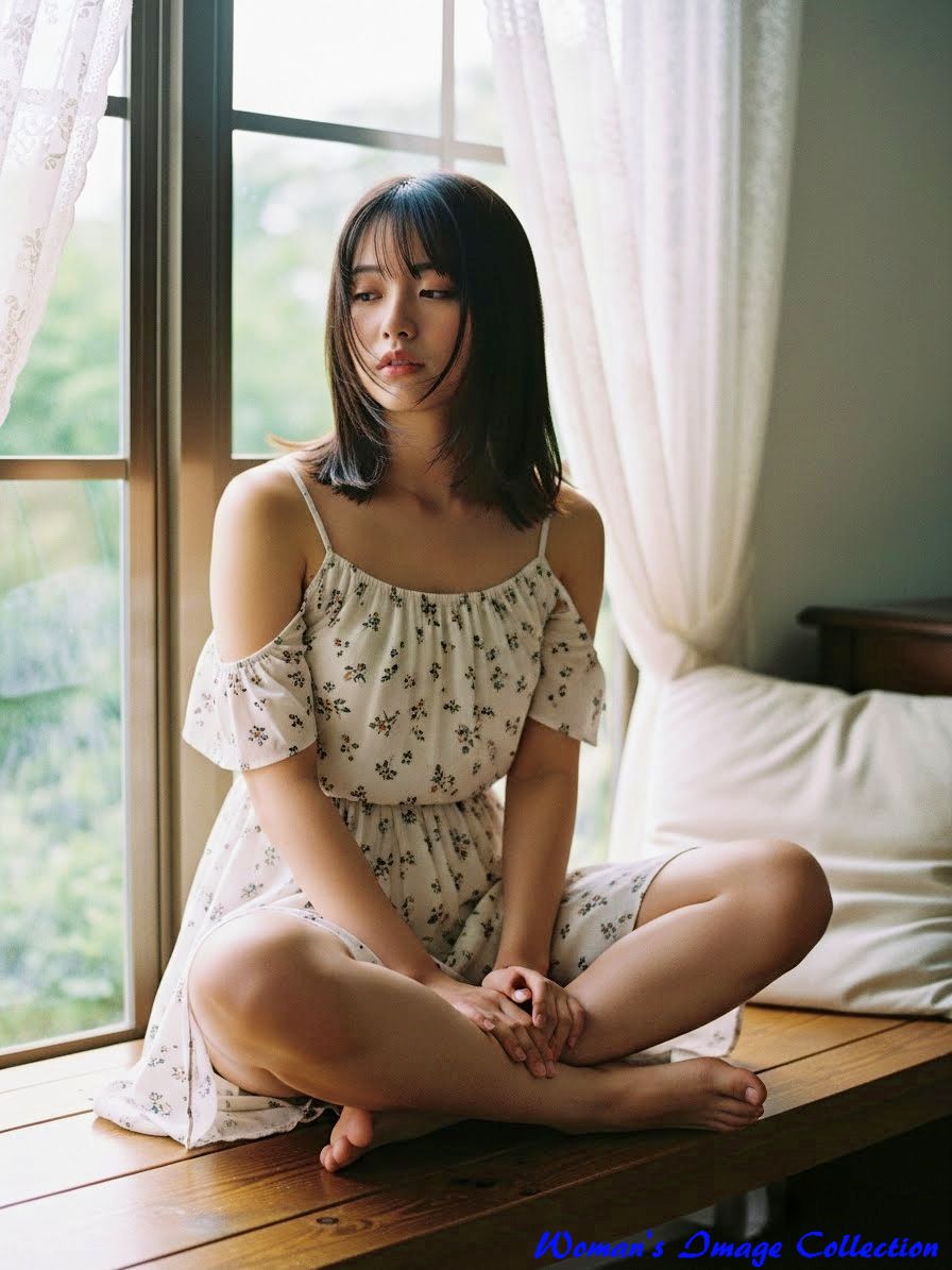 窓際で裸足でくつろぐ花柄ドレスの女性、光の当たり方や視線の角度が異なるバリエーション。12