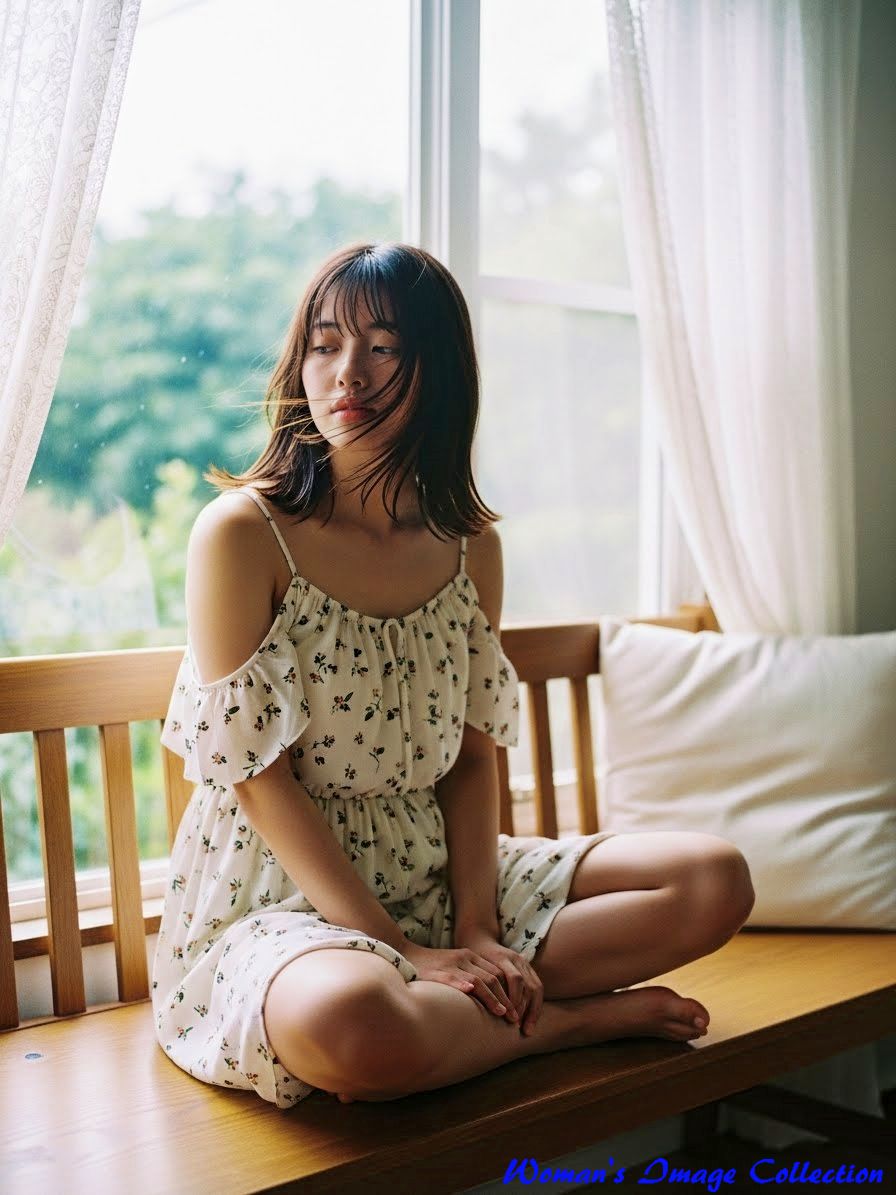 窓際で裸足でくつろぐ花柄ドレスの女性、光の当たり方や視線の角度が異なるバリエーション。２