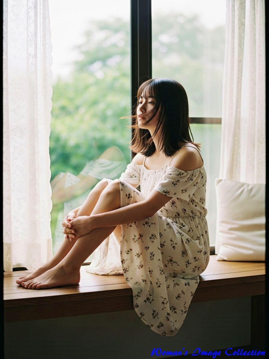 窓際で裸足でくつろぐ花柄ドレスの女性、光の当たり方や視線の角度が異なるバリエーション。３