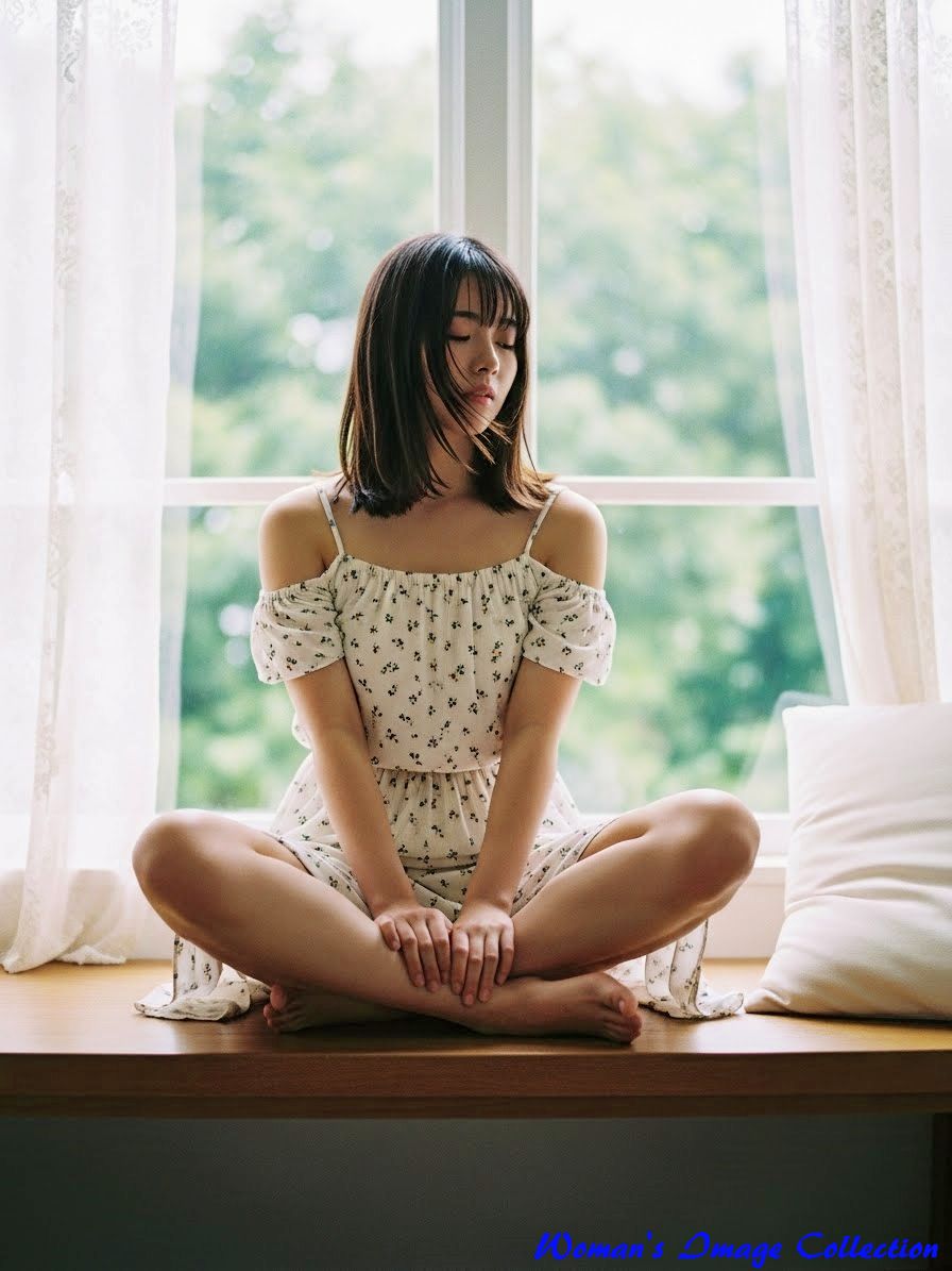 窓際で裸足でくつろぐ花柄ドレスの女性、光の当たり方や視線の角度が異なるバリエーション。６