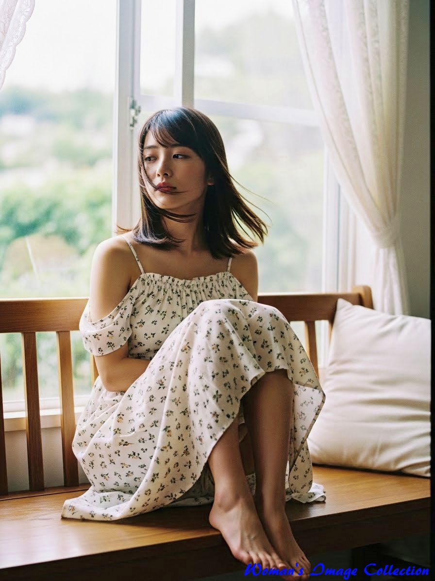 窓際で裸足でくつろぐ花柄ドレスの女性、光の当たり方や視線の角度が異なるバリエーション。7