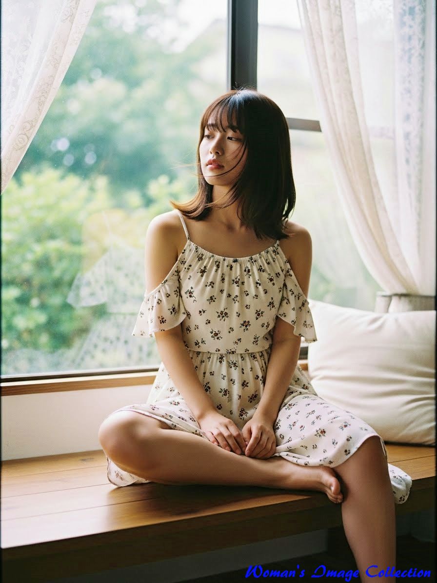 窓際で裸足でくつろぐ花柄ドレスの女性、光の当たり方や視線の角度が異なるバリエーション。8