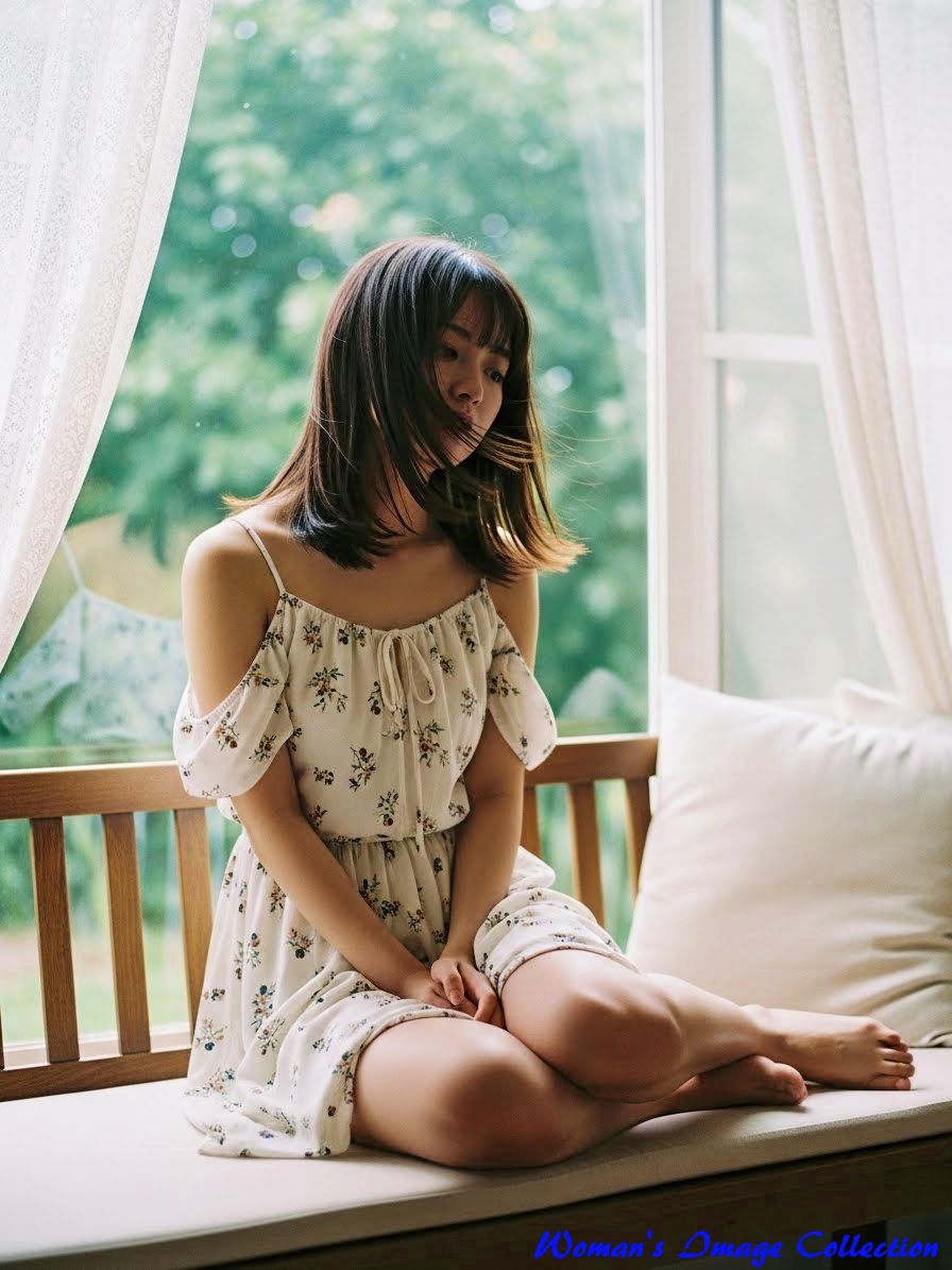 窓際で裸足でくつろぐ花柄ドレスの女性、光の当たり方や視線の角度が異なるバリエーション。9
