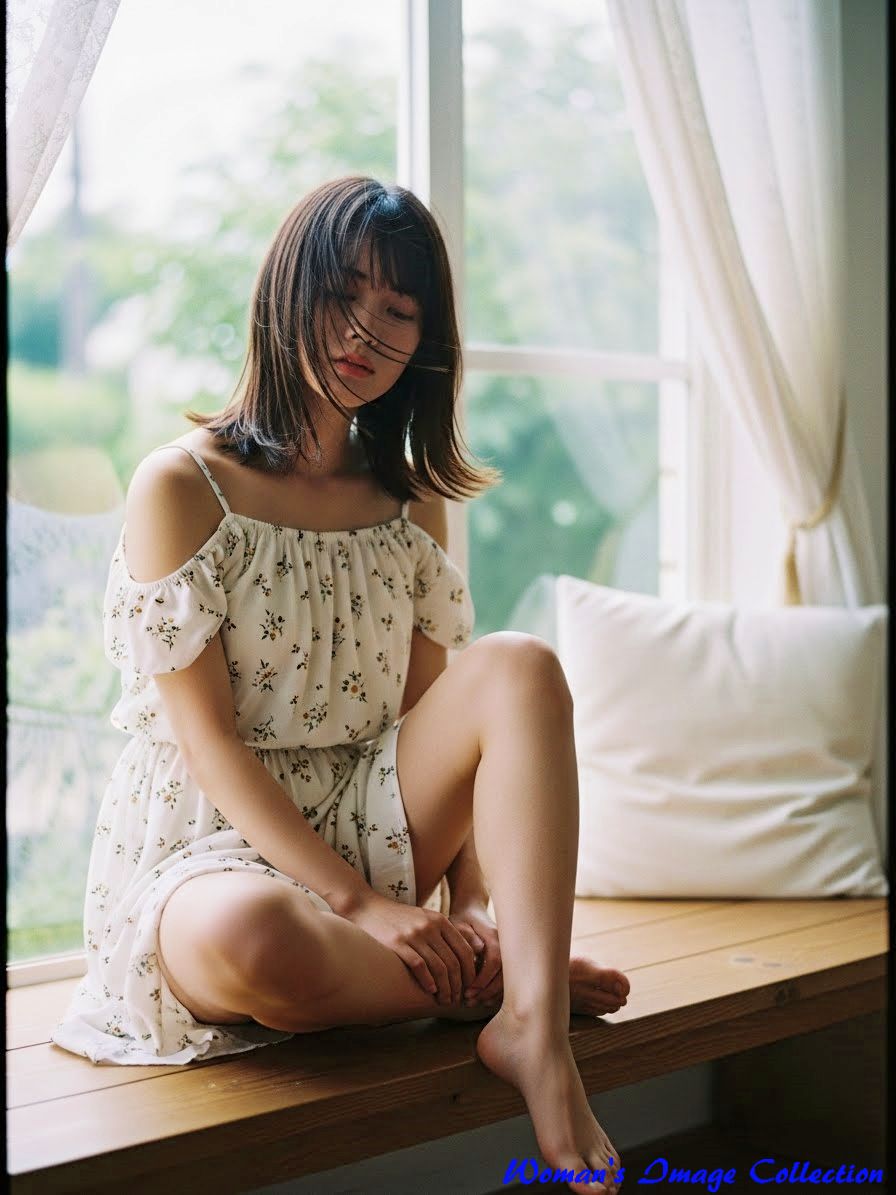 窓際で裸足でくつろぐ花柄ドレスの女性、光の当たり方や視線の角度が異なるバリエーション。10