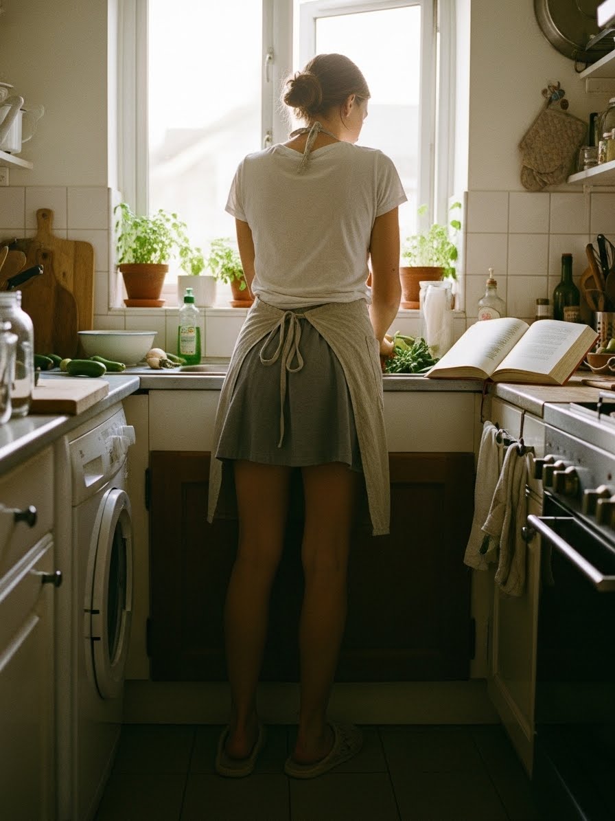 台所で料理をする女性の後ろ姿、リネン製エプロン、自然光、フォトリアルスタイル、Stable Diffusion生成