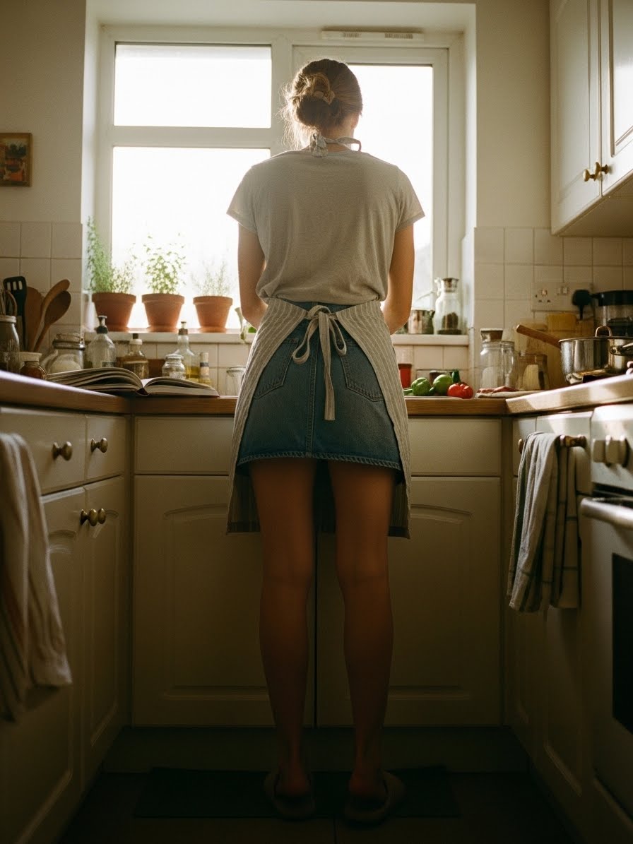 ポニーテールの女性がキッチンで背伸びをして料理をする後ろ姿、低い視点