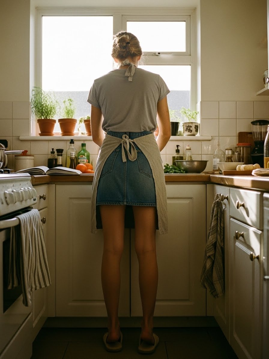 お団子ヘアの女性と、窓から差し込む午後の柔らかい光、キッチン風景