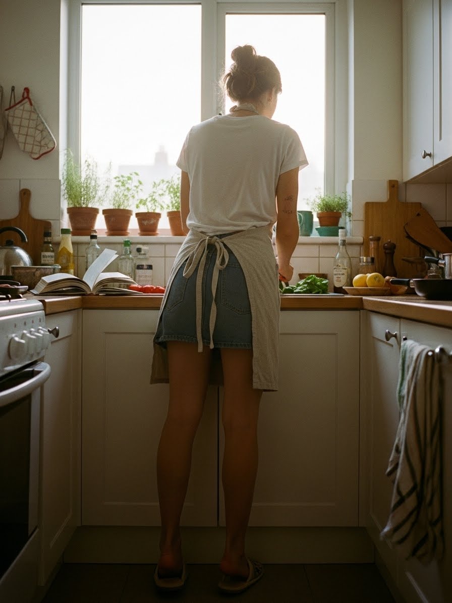 野菜を洗う女性の後ろ姿、使い込まれた調理器具のある台所、生活感のある描写