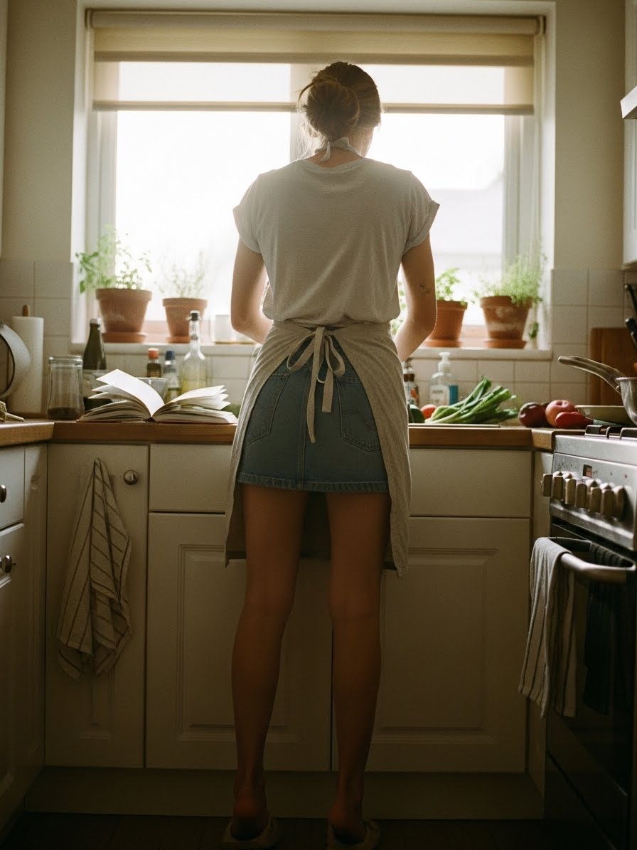 野菜を洗う女性の後ろ姿、使い込まれた調理器具のある台所、生活感のある描写