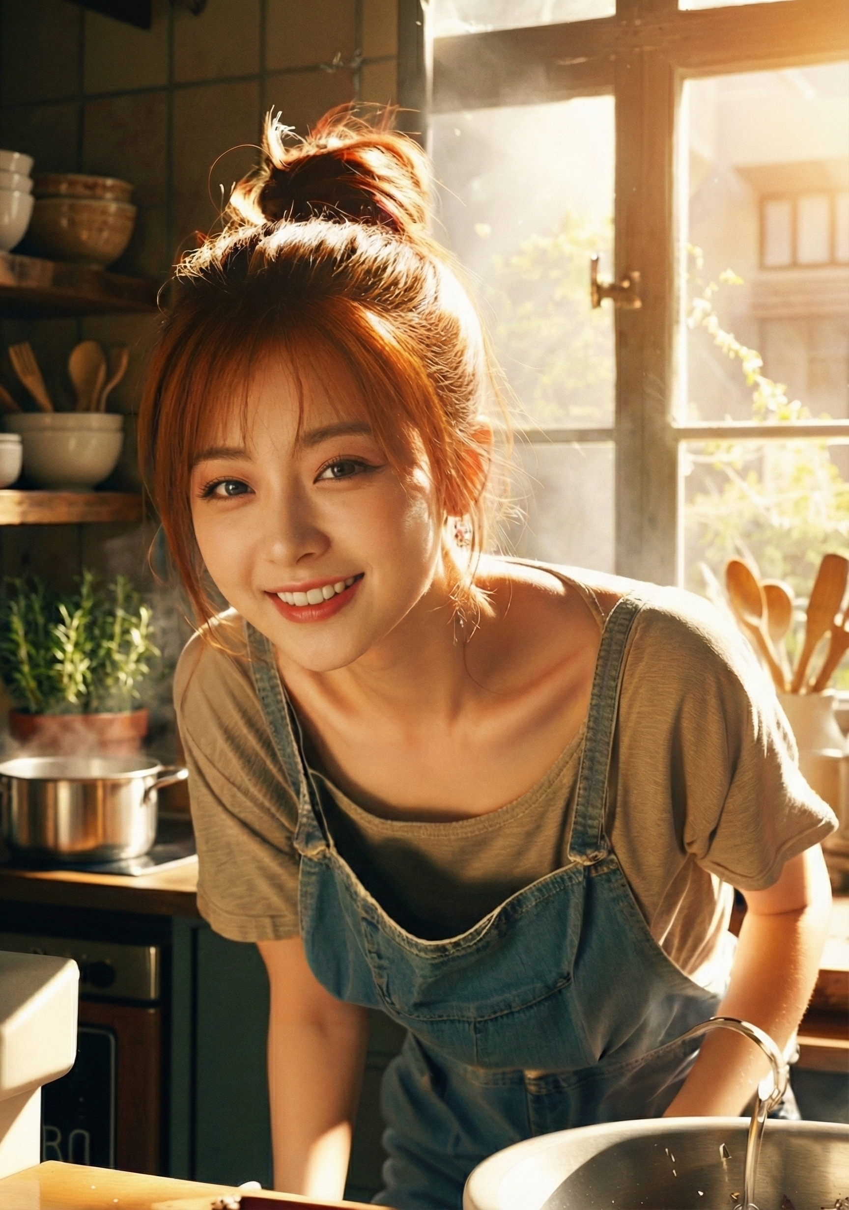 お団子ヘアの女性と、窓から差し込む午後の柔らかい光、キッチン風景