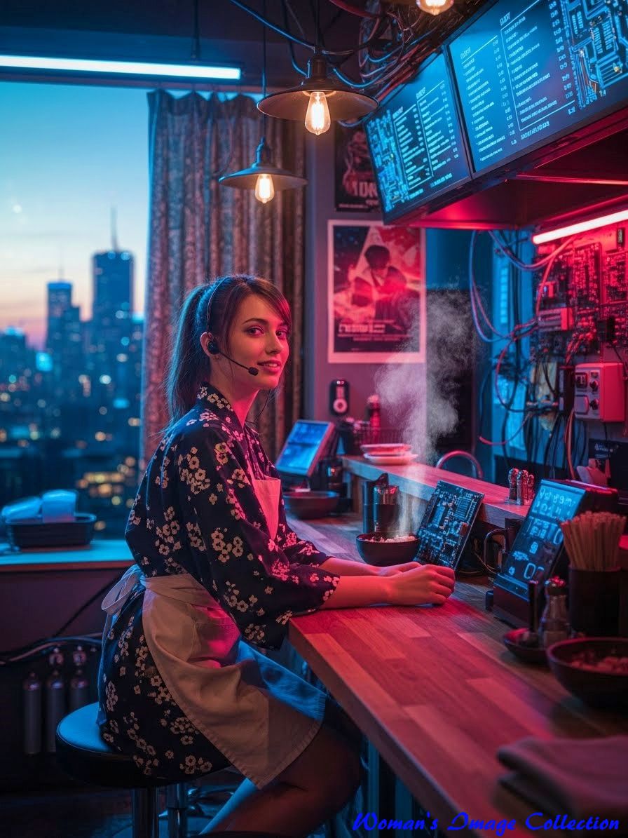 窓の外に未来都市が見える食堂の風景、配線が露出した壁と木製カウンター、リアルな質感1

